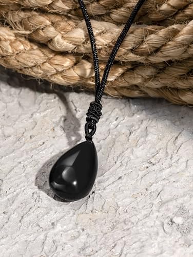 MINACHI Black Obsidian Teardrop Pendant Necklace with Braided Cord, Fashion Statement Jewelry Gift for Men and Women2