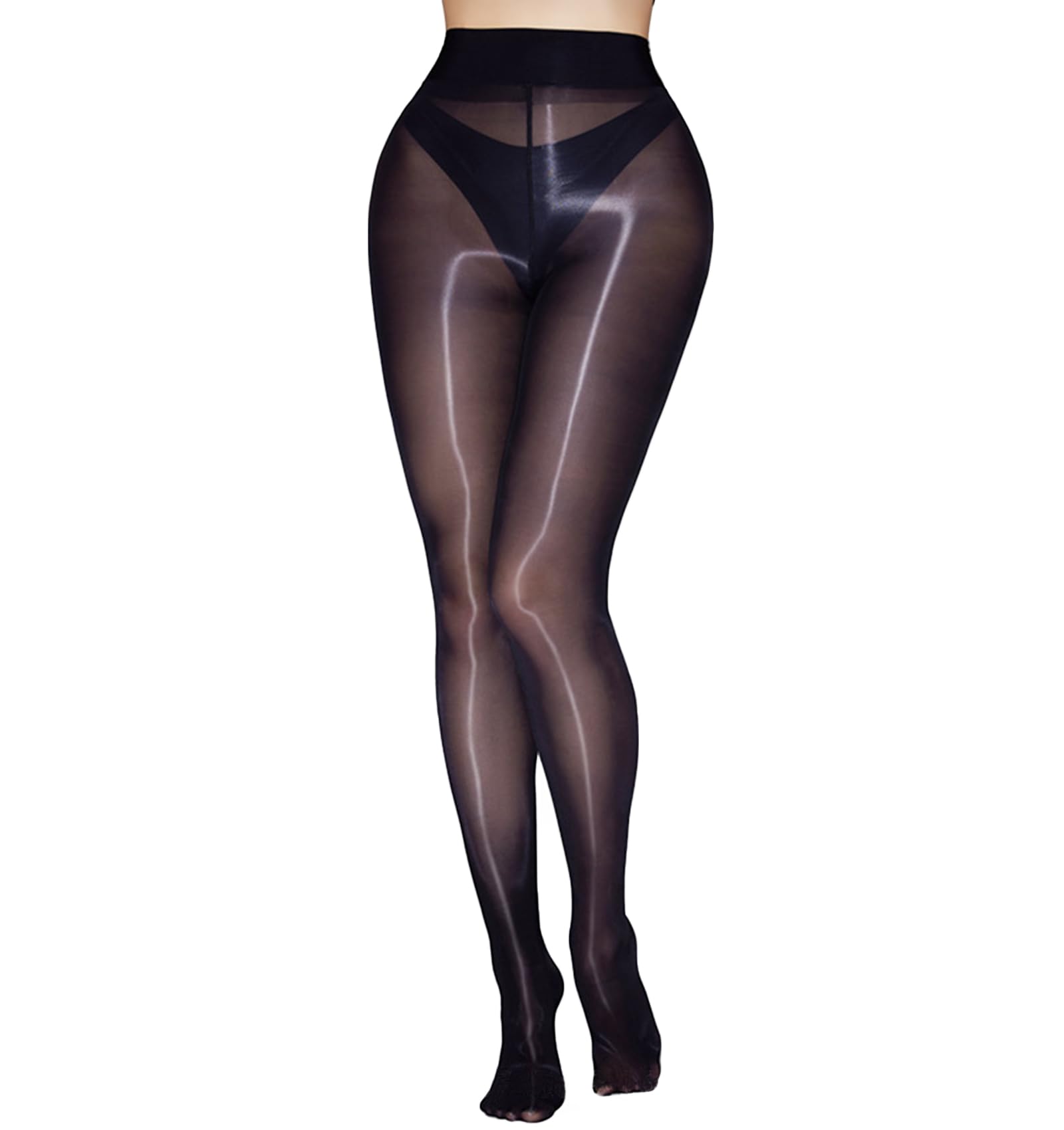 HTRUIYATY Women's Oily Shiny Tights, 8 Denier High Stretch Glossy Tights Sheer Silky Pantyhose Stockings Black