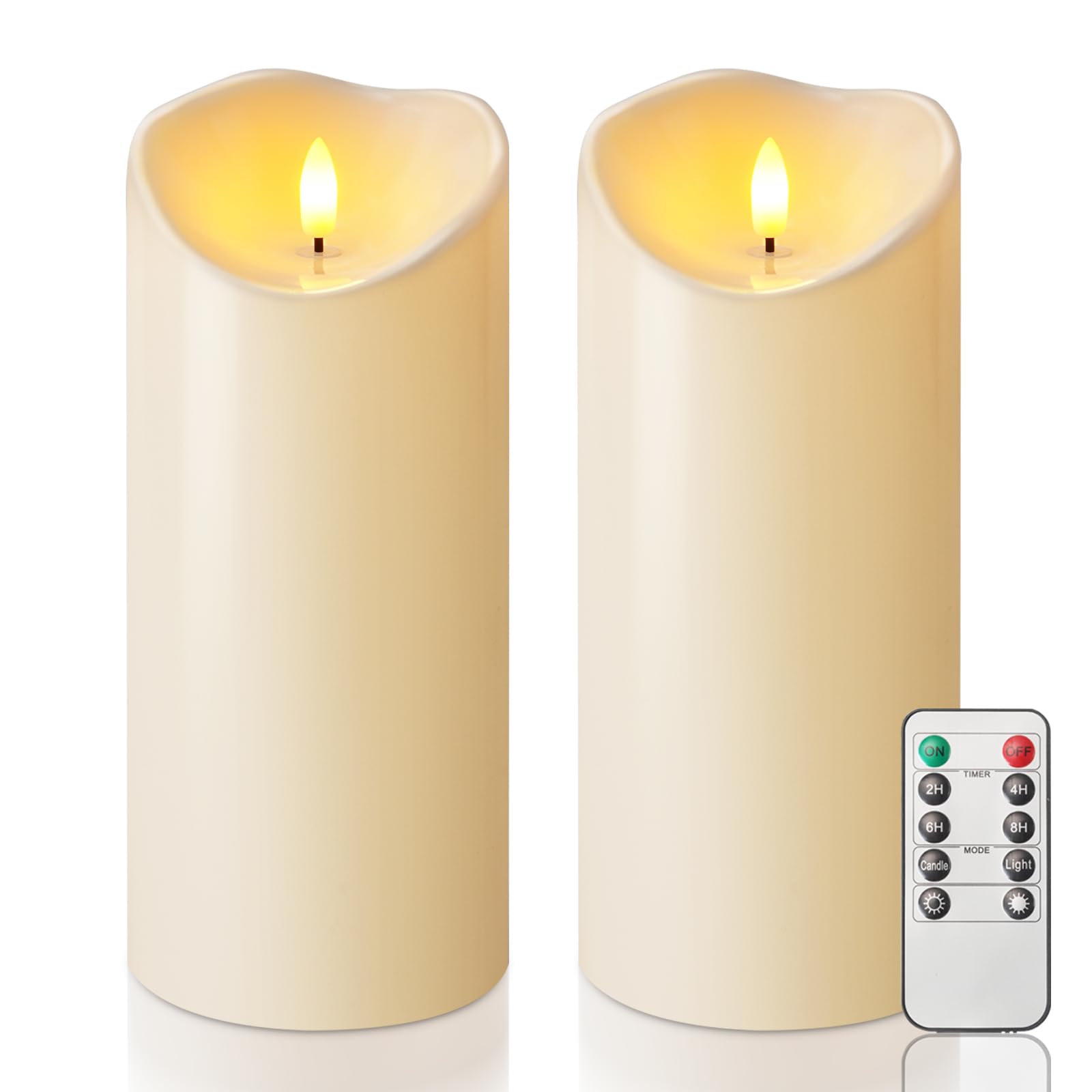 Homemory 4"x9" Outdoor Waterproof Flameless Candles with Timers and Remote Control, Battery Operated Candles, LED Plastic Candles, Dark Ivory, Set of 2
