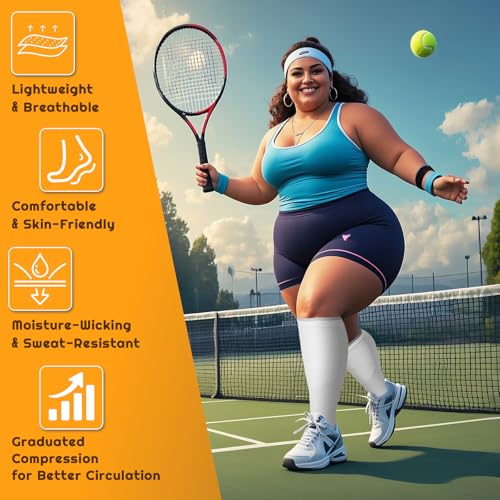 Image of Plus Size Compression Socks for Women & Men 4 Pairs, Wide Calf Extra Large 20-30 mmHg Knee High Support Socks for Travel, Running, Nurse