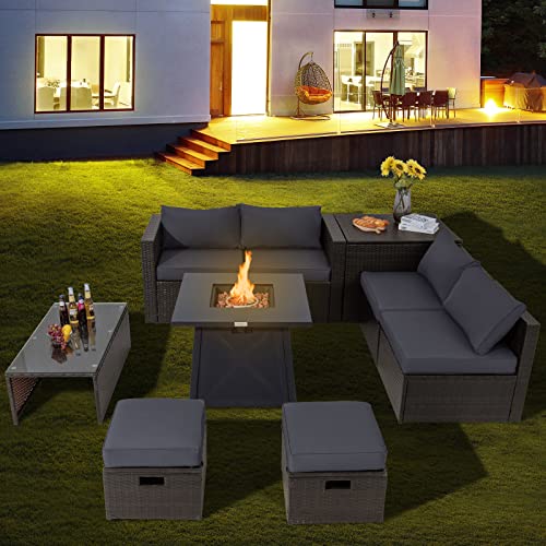 Tangkula 9 Pieces Patio Furniture Set with 30” Propane Fire Pit Table, Outdoor PE Wicker Sectional Sofa Set with Storage Box, 50,000 BTU Gas Fire Pit Table with 2 Protective Covers - Image 3