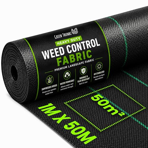 Image of Green Thumbz 1m x 50m Weed Control Membrane - Heavy Duty Weed Control Garden Membrane, Landscape Fabric for Patios, Garden, Flower Beds, UV Stabilised Weed Fabric 100gsm