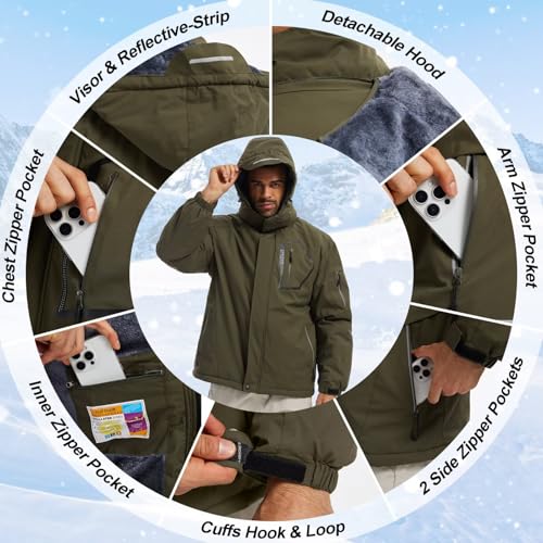 Image of QPNGRP Men's Ski Jacket Waterproof Insulated Winter Coat 5 Zipper Pockets