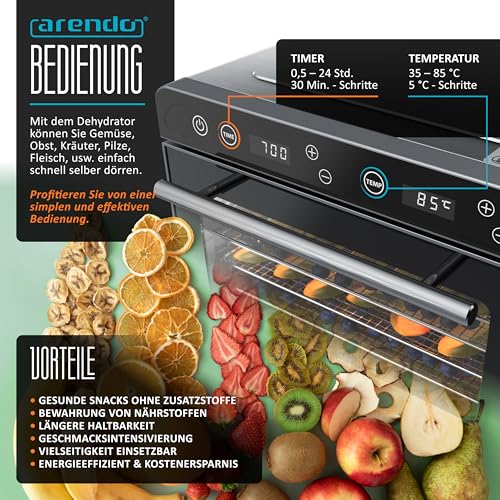 Arendo - Dörrautomat Edelstahl mit 8 Edelstahlgitter - 700 W - 35°-85°C - 8 Edelstahl Einlegetabletts mit insgesamt 6700 cm² - Dörrgerät Dehydrator Obsttrockner Dörrapparat - Obst Fleisch Pilze uvm – Bild 5