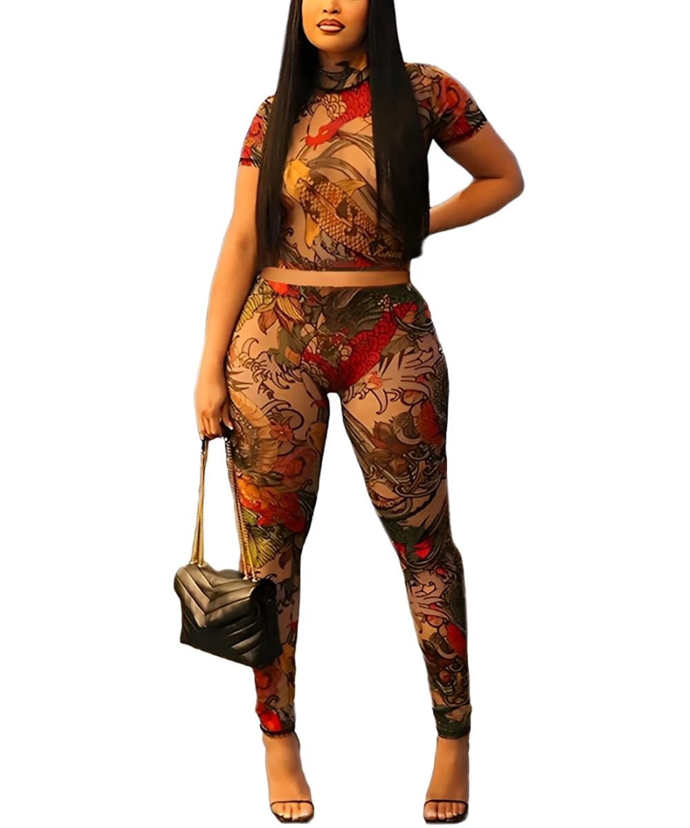 Two Piece Sets For Women Sexy Mesh Print See Through Going Out Birthday Club Outfits Bodycon Summer Pant Set