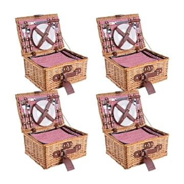 eGenuss Set da 4 Cestini da picnic in vimini per 2 Persone con scompartimento isotermico e accessori inclusi | ROSSO