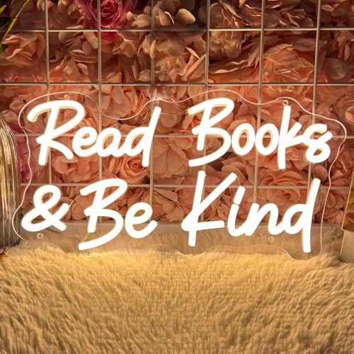 Image of Read Books And Be Kind Neon Sign for Wall Decor, Dimmable Neon Light Signs for Bedroom LED Signs for Classroom Bookstore Library Study Reading Study Room Decoration