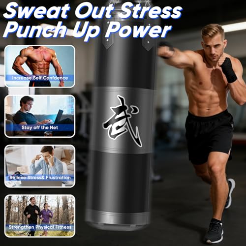 Saco de Boxeo Colgante para Adultos, Adolescentes y Niños, 120 cm Tela Oxford, con Gancho de Techo, Cadena, Vendajes, Protectores de Muñeca para MMA, Karate, Kickboxing, Boxeo Home-Gym (Sin Rellenar) - imagen 6