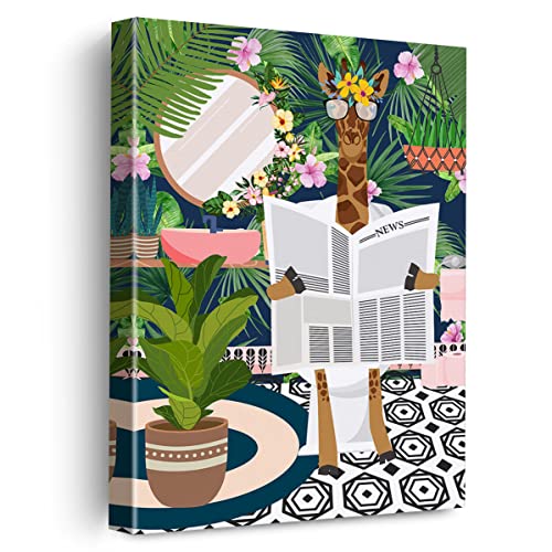 Giraffe On Toilet Reading Newspaper Canvas Poster Painting Wall Art, Bathroom Giraffe Picture Artwork Framed Print Ready To Hang For Home Bathroom Wall Decor 12 X 15 Inch #TOP8