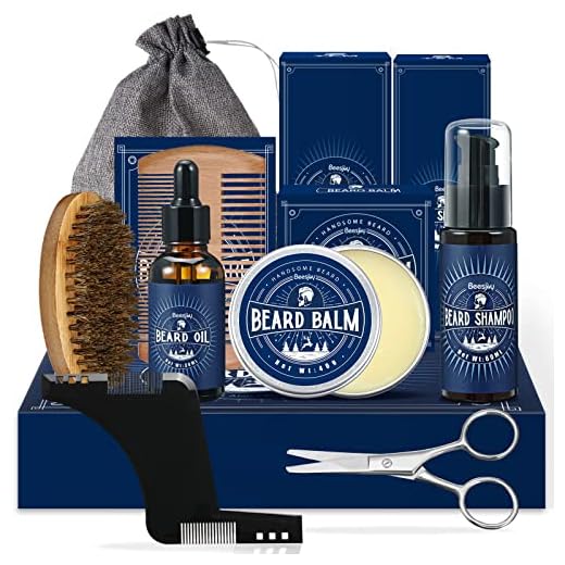 Kit Barba para Hombre, Beesjuy 11 in 1 Kit de Cuidado de Barba para Hombres, Con Aceite para Barba, Bálsamo, Champú, Peine para Peinar, Cepillo, Tijeras, Regalo de San Valentin para Hombres