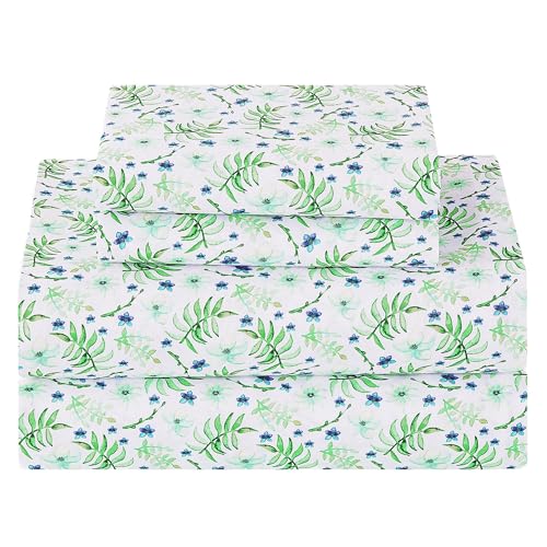 Image of Softan Green Floral Twin Sheet Set, 3-Piece Cozy Botanical Microfiber Printed Fitted Bed Sheet with 15 inch Deep Pockets & Non-Slip Straps, Fresh Greenery Blooms Patterned Sheets & Pillowcase Set