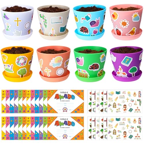 Domensi 30 Set Flower Pot Craft for Kids Bulk Spring Craft 4 Inch Garden Plastic DIY Plant Pot with Tray 30 Sheet Christian Sticker and 30 Certificates Card for Classroom School Mother's Day(Colorful)