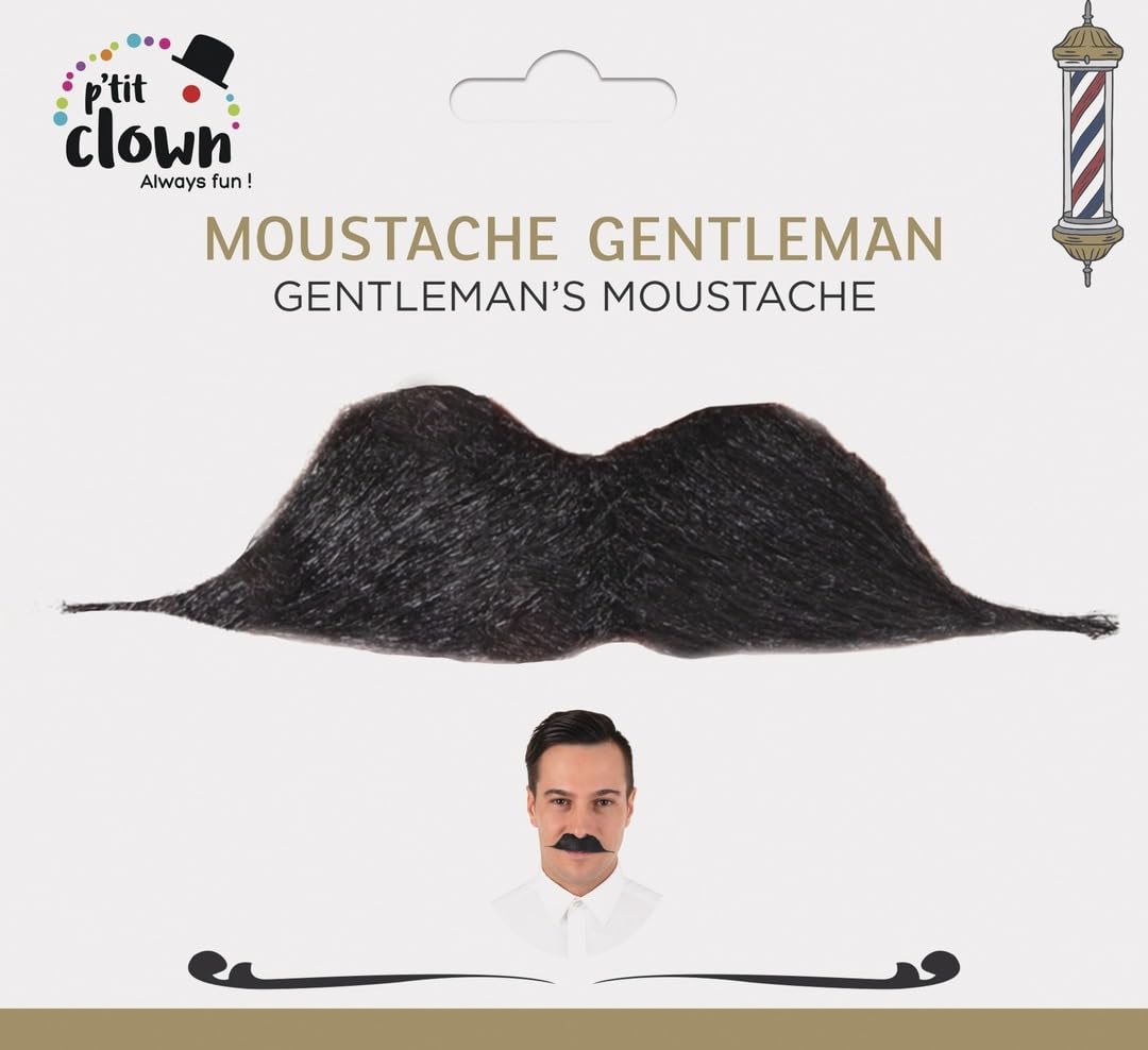P’TIT Clown - 89042 - Moustache de Déguisement Gentleman - Fausse Moustache Adhésive - Facile à Coller - Accessoire Costume Carnaval, Halloween, Cosplay, Film, Spectacle, Fêtes Costumées - Noir
