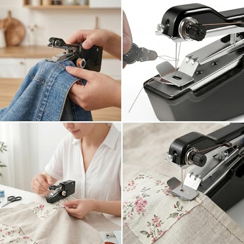 Image of Handheld Sewing Machine, Portable Hand Held Sewing Machine for Adults & Beginners, Cordless Mini Electric Hemming Tool for Denim, Fabric & Quick Home & Travel Repairs (Black)