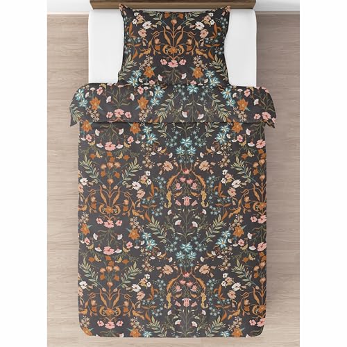Image of Sweet Jojo Designs 2-Piece Twin Comforter Set (Black Boho Wildflower Floral) for Girls, Teen Kids Bedding, Bed in a Bag incl. Blanket & Pillow Sham (Vintage, Bohemian Farmhouse, Botanical Cottagecore)