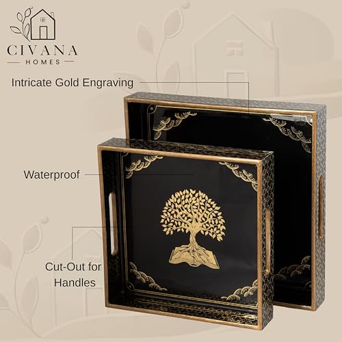 Image of Wooden Serving Tray with Gold Engraving | Set of 2 | Size : 12 x 12 inch & 10 x 10 inch | Enamel Coated Waterproof | Square Trays | Decorative Trays (Tree of Life)