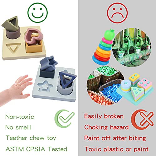Image of Baby Stacking Building Blocks Silicone Teething&Squeezing Shape Sorter Puzzle Montessori Sensory Toys for Babies Toddlers 6 to 12 Months(Blue)