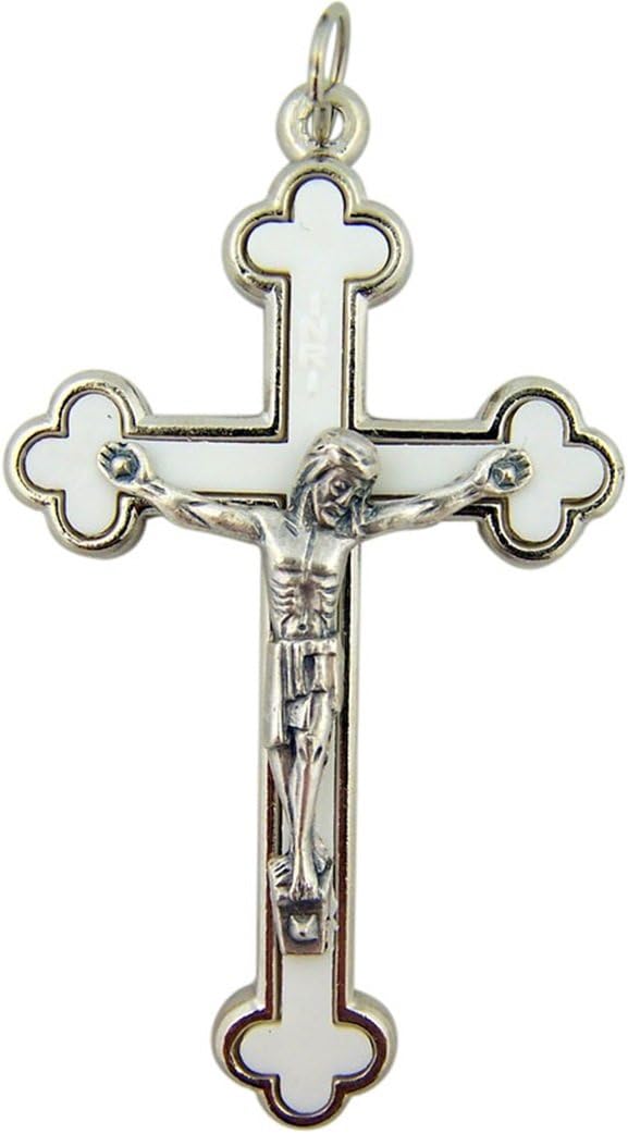 Religious Art Silver Tone with White Enamel Budded Cross Crucifix Pendant, 2 1/2 Inch