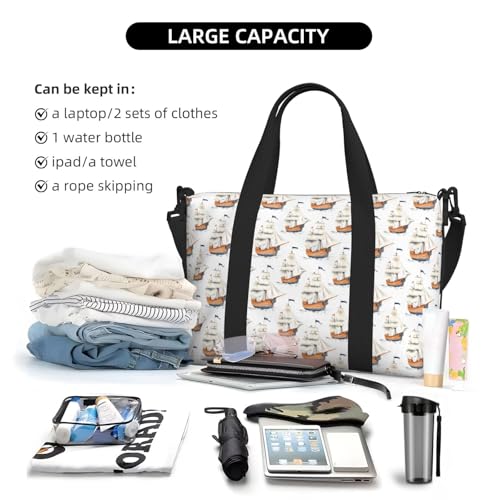 Travel Duffle Bags For Women Men - White Sailboat Print Personal Item Weekender Overnight Gym Carry On Airport Tote Bag With Strap For Yoga, Travel, Business Trips4