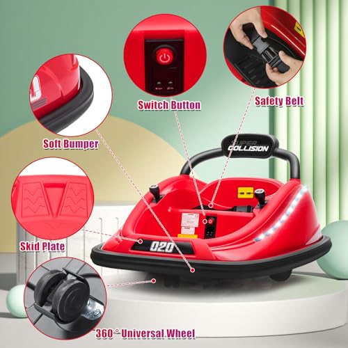 ROXAAN Bumper Car, 12V Kids Electric Car with Parent Remote Control, Music, LED Lights & 360 Degree Spin, 2-Speed, Ages 1.5-8 Years Old, Safety Belt, Electric Ride on Vehicle Toy for Kids Birthday - Thumbnail 3