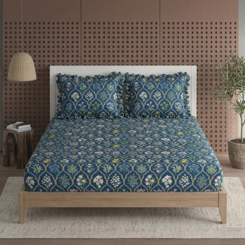 Image of DECOMIZER 300 TC Soft Cotton Feel Microfiber All Around Elastic Fitted Super King Bedsheet with 2 Frill Pillow Covers King Size (72x78) Fits Upto 12 inches Mattress | Navy Jaipuri