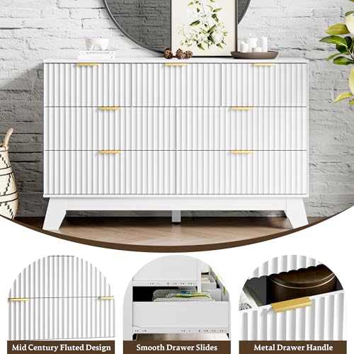 Image of HUANLEGO 48 inch W Fluted Dresser for Bedroom with 7 Drawers, White | Mid Century Modern Dressers & Chest of Drawers, Boho Dresser for Closet, 7 Drawer Storage TV Stand for Bedroom