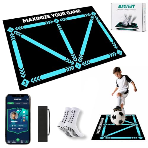 Football Training Mat with Mastery APP -Soccer Mastery Skills Footwork Mat 90x60cm Football Gifts for Boys | Pro Dribble Ball Control & Stress Relief Games for Kids Girls