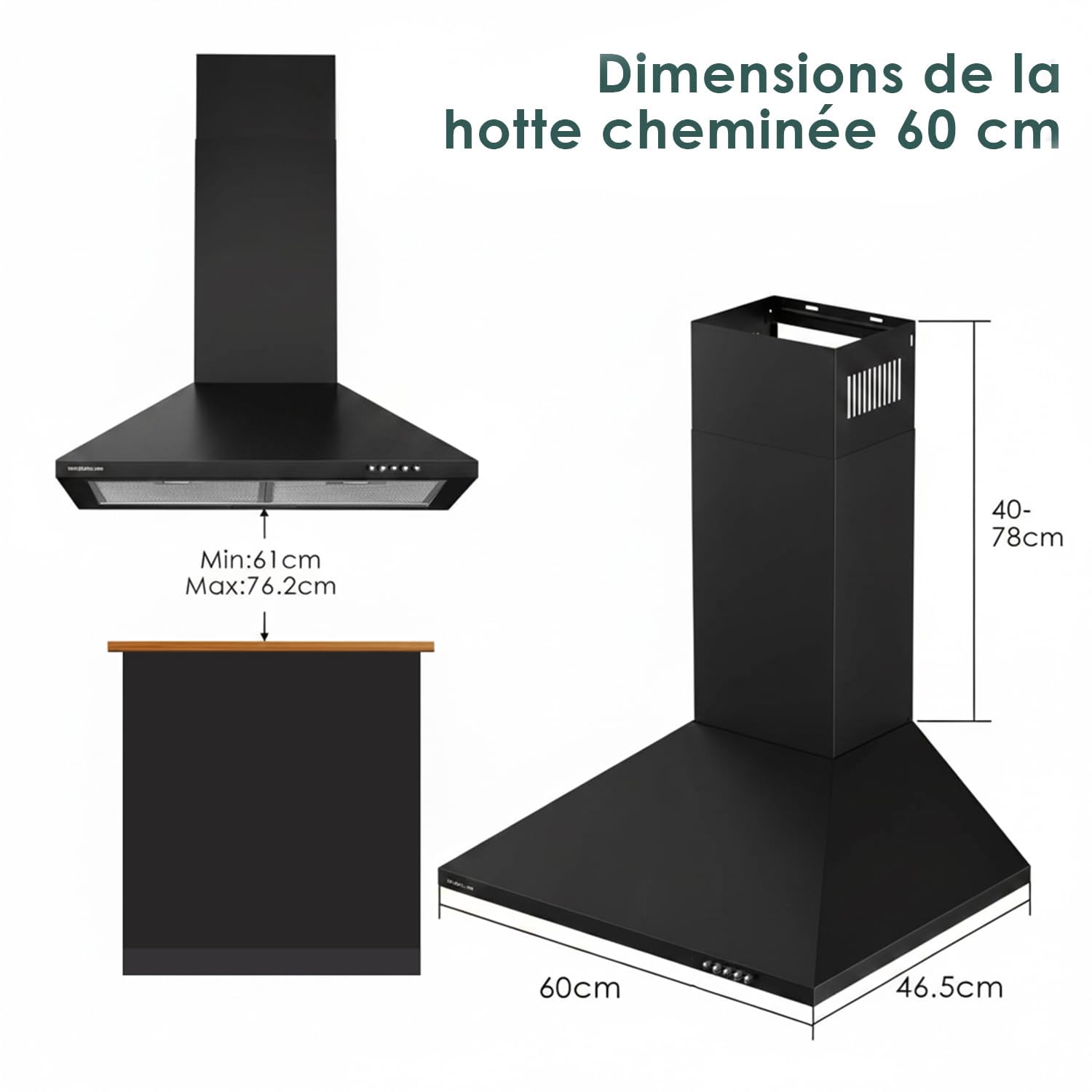 Hotte Aspirante 60cm Classe A, Hotte Cuisine 350m³/h,Évacuation ou Recyclage,Filtre au Charbon Inclus,Hotte Murale,Noir