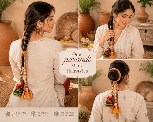 Image of Zippy Flora Desi Jodi Parandi (Brown) | Handmade Boho Traditional Hair Accessory | Elegant Braided Parandi with Tassels & Shell Embellishments | 22-Inch Hair Extension Choti for Curly & Straight Hair | Ethnic Punjabi Style Hair Jewellery for Women & Girls