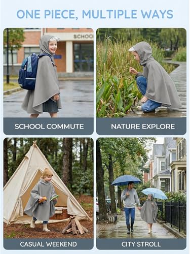 Image of Haloumoning Kids Hooded Rain Poncho Girls Waterproof Lightweight Reusable Raincoat Jacket 4-14 Years