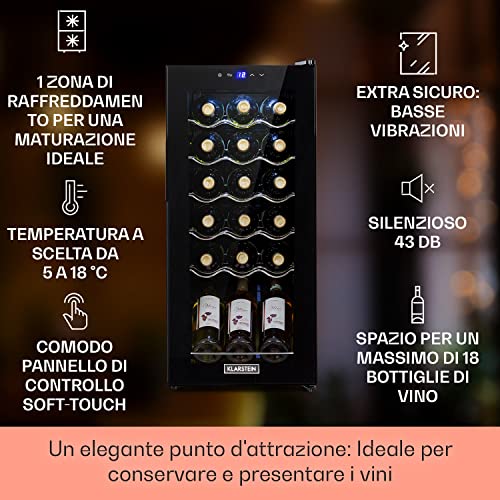KLARSTEIN Cantinetta Vino Design, Cantinetta Vino Refrigerata a Zona Singola per Vino Rosso, Bianco e Birra, Controlli Touch, Frigo Vino Cantinetta per Esterno/Interno, 5-18°C, 50L, 18 Bottiglie - immagine 3