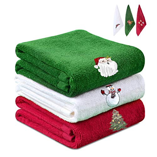 Yuede Lot de 3 serviettes de toilette de Noël brodées 100 % coton pour salle de bain et cuisine Motif floral Rouge Blanc Vert 30,5 x 45,7 cm