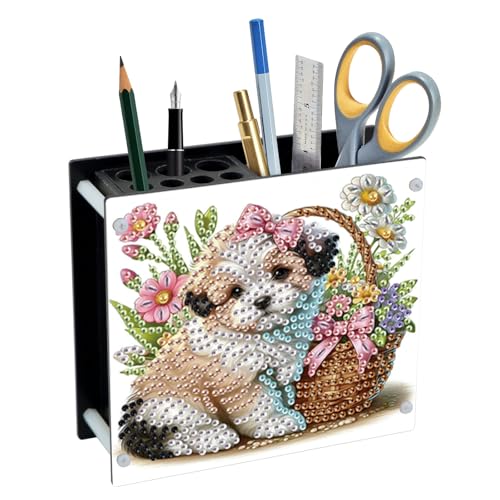 Image of DIY 5D Diamond Painting Pen Holder Organizer, Cute Puppy Dog Acrylic Pencil Cup with Special-Shaped Rhinestones, Decorative Office Supplies Storage for Home, School, Gift