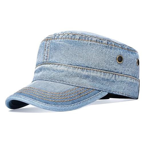 Lrastok Denim Light Blue Washed Cadet Army Cap Military Style Hats Flat Top Cap Baseball Hat for Men Women
