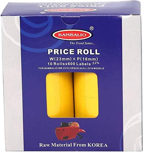 Bambalio 2316 2 Line Yellow Colour Plain Label Rolls 10 Rolls x 600 Labels (Box Pack) Compatible with 2316 Labeling Machine Models of All Brands
