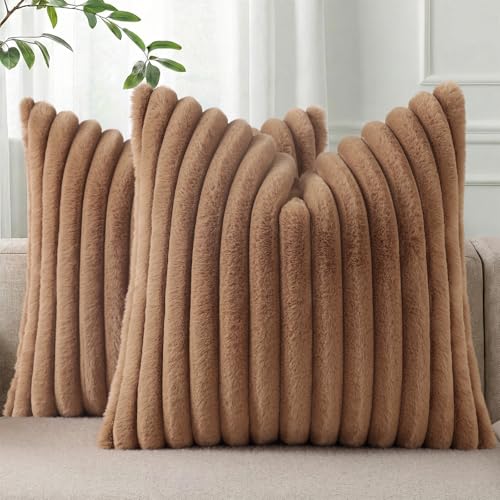 Image of Pallene Faux Fur Plush Throw Pillow Covers 20x20 Set of 2, Luxury Soft Fluffy Striped Decorative Pillow Covers for Sofa, Couch, Living Room, Brown