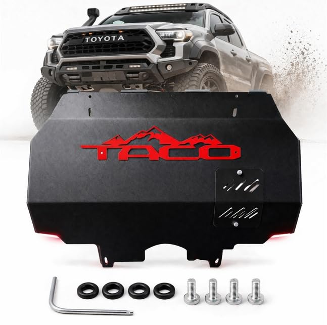 APC21 Custom Skid Plate Taco- fits with Toyota Tacoma 2024-2025 2WD & 4WD - Fits Gas Models Only. Easy Oil Filter Access Black with Red Emblem *Now with Super Durable Powder Coating*