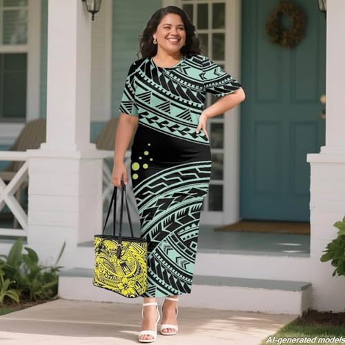Image of Polynesian Dress for Women Short Sleeve High Waist Maxi Skirt | Puletasi dress, t-shirt and skirt two-piece, elastic material, lightweight, soft, plus size, luau party, wedding, clubwear