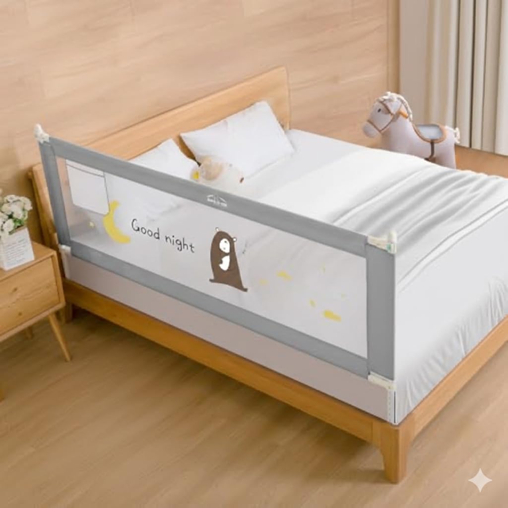 SAFE-O-KID 1 Side Bed Rail (6 Ft/182 cm) with 1-Year Warranty | Bed Railing for Baby Safety |Adjustable Height & Portable | Bed Protector for Baby Falling - Grey