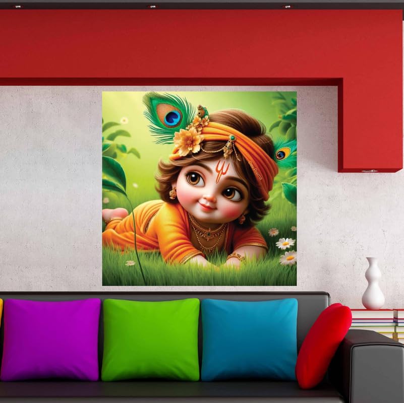 Image of British Terminal Cute little Bal Gopal Baby God Krishna| Kanha Ji | Laddu Lord Makhan Chor Painting Religious Poster for Pregnant Women for wall (matt thin vinyl,sticker,multicolor,unframed)| bj162