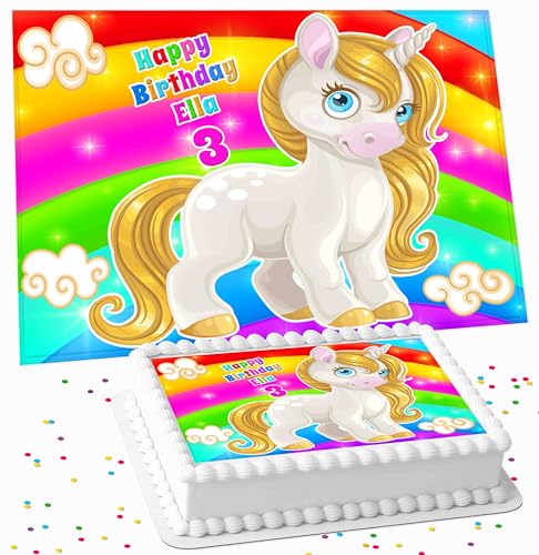 UNICORN RECTANGLE BIRTHDAY PERSONALISED ICING EDIBLE LARGE CAKE TOPPER DECORATION SUITABLE FOR USE ON COSTCO CAKE R2-89