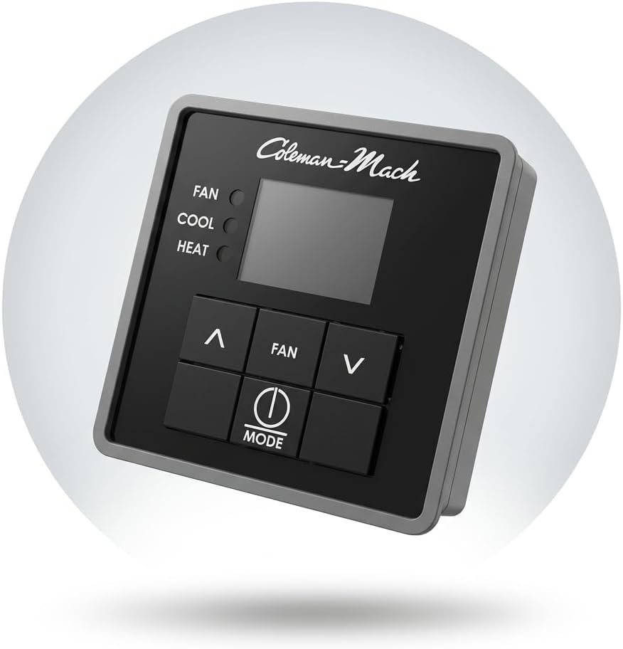 Close-up view of the Coleman-Mach 2111-0043 thermostat, showing its sleek design and button layout.