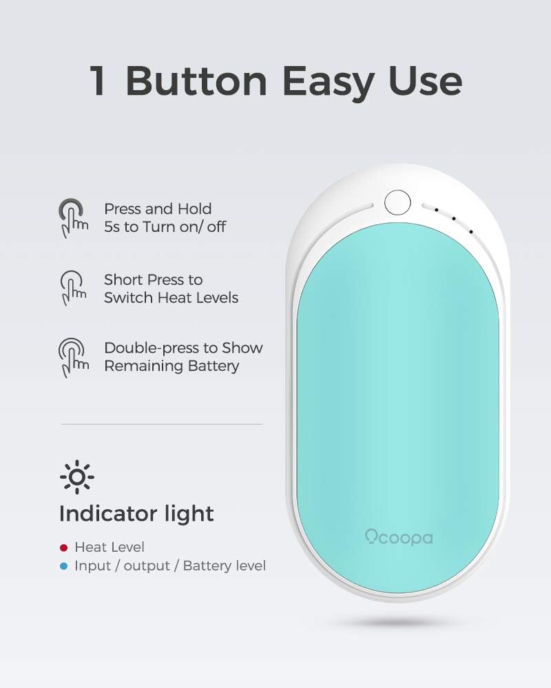 Diagram showing the single button operation of the OCOOPA HotPal hand warmer, detailing press and hold for power, short press for heat levels, and double press for battery.