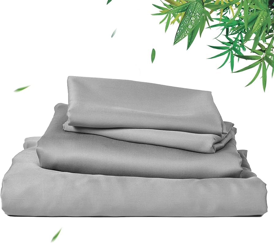 Waterlily 100% Bamboo Lyocell Bedding Set 4 Pcs Duvet Cover Flat Sheet Pillowcases Double King Size Organic Natural Soft Vegan Silk Luxury Bed Linen (Grey