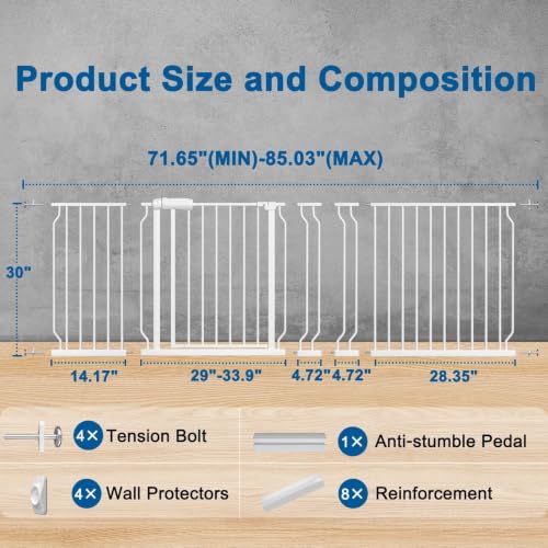 Image of ALLAIBB Extra Wide Pressure Mounted Baby Gate Walk Through Child Kids Safety Toddler Tension White Long Large Pet Dog Gates with Extension for doorways Kitchen (71.65-85.03 inch /182-218cm, White)