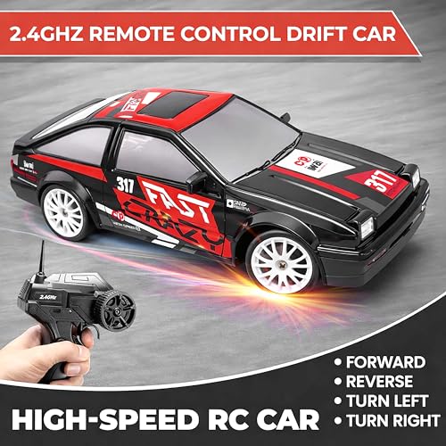 Image of 2.4GHz Remote Control Rally Drift Car Toy for Kids with LED Lights - 4WD 15Kmph RC Drifting Car with Extra Rubber Tires, Cones Barriers & Rechargeable Battery - Color and Design As Per Stock