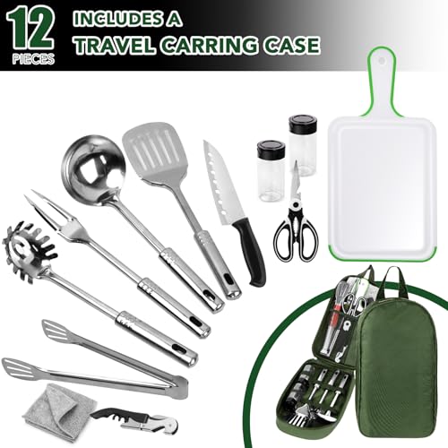 E EASTSTORM Camping Accessories Kitchen Utensil Set,12 Pcs Organizer Travel Kit with Multifunctional Cutlery,Silicone Spoon Spatula,Tongs,Waterproof Storage Bag,Equipment - Image 2