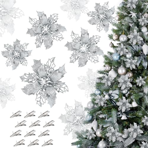 Gwhole Fiori per Albero di Natale Argento 21 pezzi 3 Taglie Decorazioni Albero di Natale Addobbi Ornamenti Natalizi per Albero per Casa Interno Ghirlanda