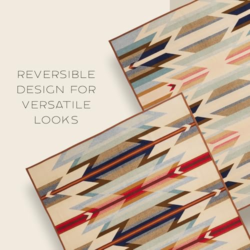 Pendleton Jacquard Unnapped Blanket 64" x 80" - Wool Cotton, Reversible, Lightweight, Soft, Ultrasuede Binding, Packable Throw for Home and Travel - Wyeth Trail4