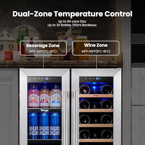 Image of Yeego Wine and Beverage Refrigerator, 24 Inch Dual Zone Wine Fridge, Built-in or Freestanding Wine Cooler with Glass Doors, Under Counter Drink Fridge for Wine /Beer /Soda /Water